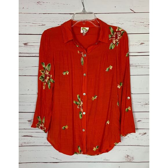 Fig And Flower Anthropologie Women's S Small Red Floral Embroidered Button Top - Picture 1 of 12